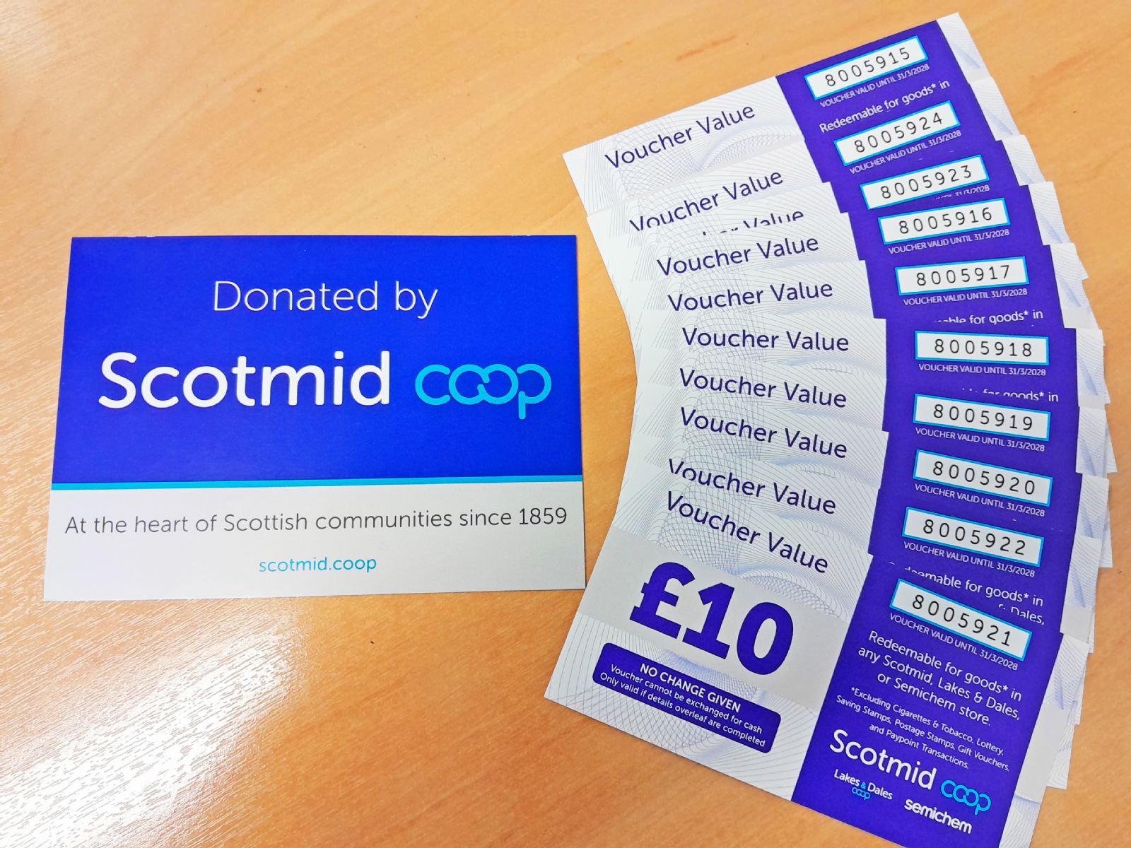 Thanks go to the very welcome donation of £100.00 worth of vouchers from Scotmid. Really appreciated!